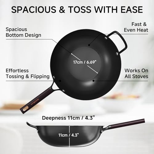 Image of 13.5 inch Pre-Seasoned Flat Bottom Carbon Steel Wok with Lid Spatula | Naturally Nonstick Woks & Stir-fry Pan, Black Traditional Chinese Cookware for Induction, Electric, Gas, Great for BBQ, Grill