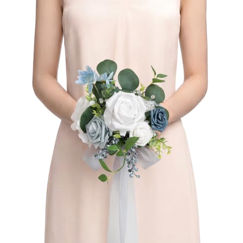 Ling's moment Blue Rose Bouquet, Dusty Blue & White, 7-inch Diameter