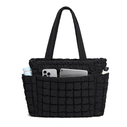 CORALDAISY Tote Bag for Women, Lightweight Puffer Tote Bag with Zipper, Large Work Bag, Quilted Travel Shoulder Bag, Puffy Handbag with Compartments, Black