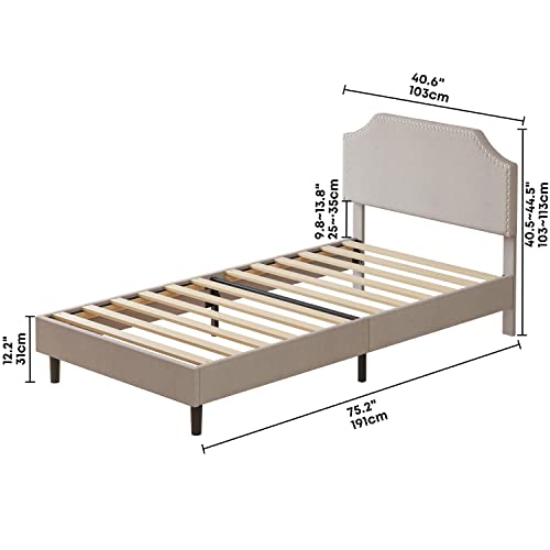 Likimio Twin Bed Frames, Upholstered Platform Bed Frame With Height Adjustable Headboard With Nailhead Trim, No Box Spring Needed/Wood Slat Support/Noise-Free, Beige #TOP1