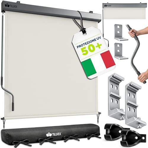 tillvex® Tenda da sole verticale 160 x 250 cm per interni ed esterni, impermeabile, con manovella, per balcone, terrazza e giardino, protezione solare in alluminio, tenda avvolgibile per balcone