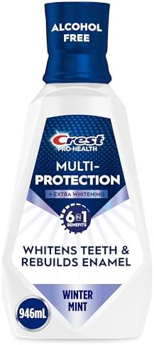 Crest Mouthwash Pro-Health Multi-Protection + Extra Whitening, 6 Benefits in 1, Anticavity Fluoride Alcohol Free, Winter Mint, 946 mL