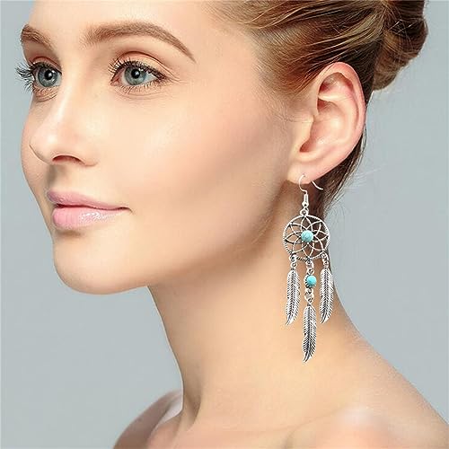 Blue Turquoise Dream Catcher Feather Earrings for Women Vintage Bohemian Western Jewelry Native American Indian Dream Catcher Feather Dangle Earrings2