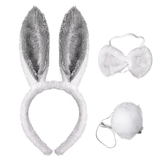 Sawowkuya 3 Pcs Grey Bunny Ears Rabbit Ears Headband Bunny Costume Set Bunny Tail and Bow Tie Bunny Accessories for Adult Kids Halloween Easter Cosplay Birthday Performance