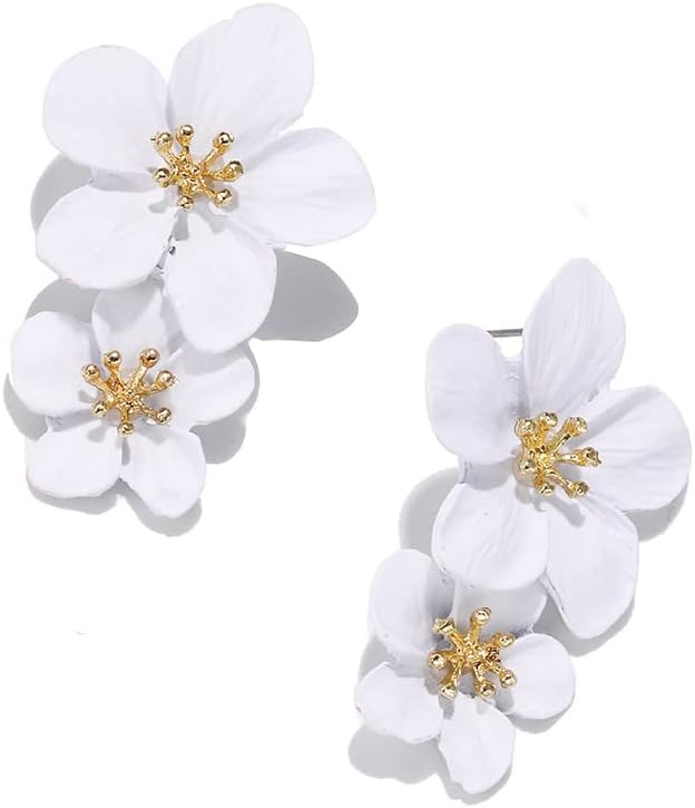 Flower Dangle Earrings Boho Layered Floral Petal Drop Earrings Statement Stud Earring for Women (White)