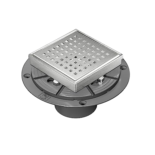 Neodrain 4-Inch Square Shower Drain with Removable Quadrato Pattern Grate,PVC Shower Drain Base and Rubber Gasket for Bathroom Floor Drain, Brushed 304 Stainless Steel, Includes Hair Strainer