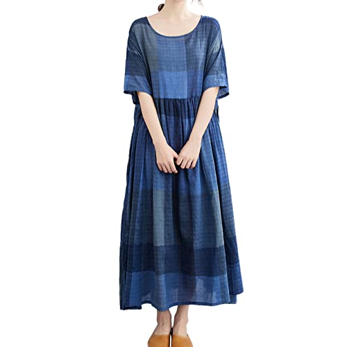 Staright Vestido feminino de algodão e linho com estampa xadrez vintage O pescoço meia mangas robes