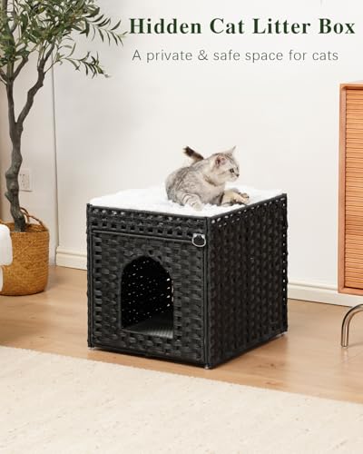 Image of SETVSON Cat Litter Box Enclosure Furniture, Hidden PE Rattan, Black | PE Rattan Kitty House with Top Fence, Fits Standard Litter Box, Included Litter Mat, 2 S-Hooks, Sturdy Metal Frame