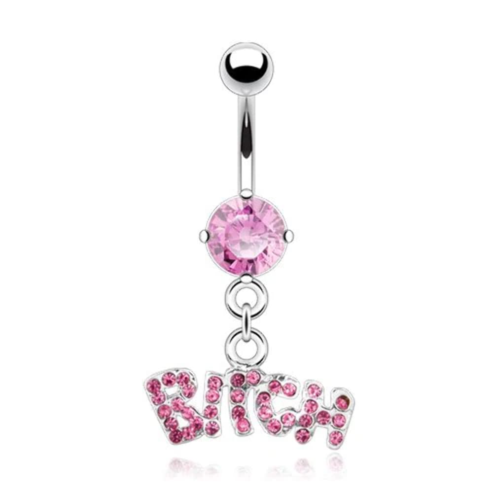 14GA Stainless Steel CZ Crystal Bitch Dangling Belly Button Ring