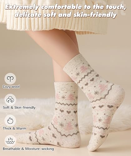 Image of IIG Cute Warm Wool Socks for Women Super Cozy Thick Crew Winter Socks Gifts, 5 Pairs