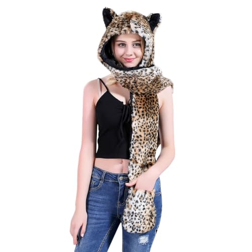 3 in 1 Furry Animal Hood Hat Scarf Mittens Warm Plush Earflaps Hoodie Cap Full Pockets Winter Faux Fur Cartoon Hat Unisex
