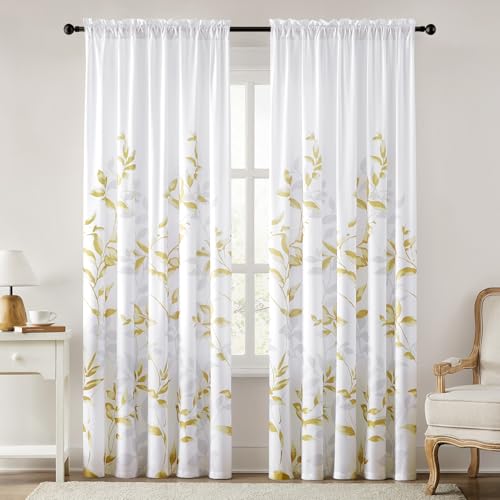 HOMEIDEAS Non-See-Through Gold and White Privacy Sheer Curtains 52 X 96 Inches Long 2 Panels, Leaf Floral Printed Light Filtering Semi Sheer Window Curtains Drapes for Bedroom Living Room