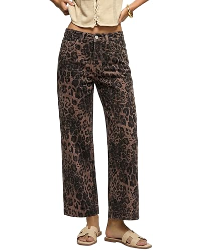 luvamia Wide Leg Jeans Woman Trendy High Waisted Leopard Cheetah Print Brown Pants Women Ankle Length Stretchy Ladies Jeans Cowboy for Women Fall Wide Leg Brown Leopard Size Large 12 to 14
