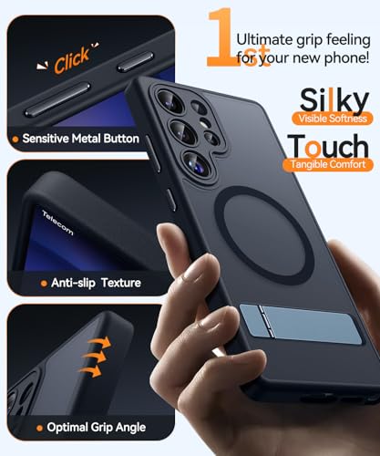 Image of CANSHN Strong Magnetic & Seamless Stand Designed for Samsung Galaxy S23 Ultra Case [Full Camera Protection] [Adjustable Kickstand] [Compatible with MagSafe] Translucent Matte Phone Cover - Black