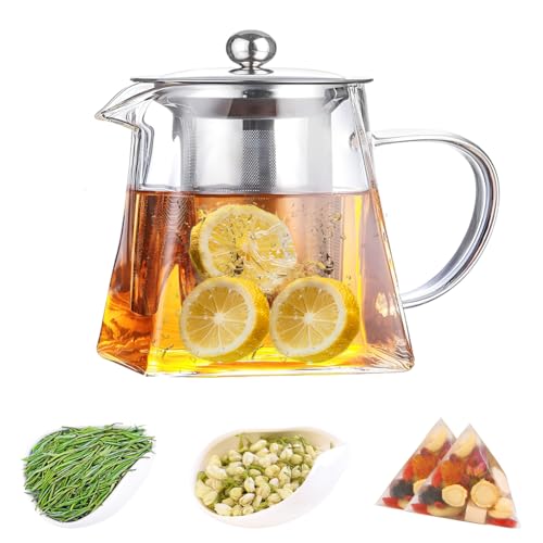 Tetera de Cristal, 350ml Tetera con Infusor de Té Suelto de Acero Inoxidable Extraíble, Tetera de Vidrio Transparente para Bebidas Frías y Calientes, Té de Frutas, Bolsitas de Té Perfumadas
