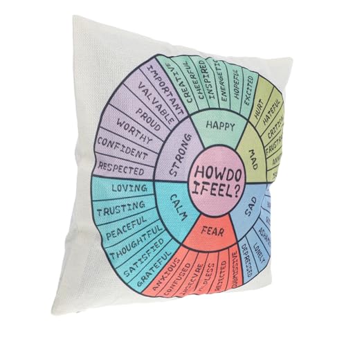 WOONEKY Emotions Feelings Pillow Cover 40x40cm Cotton Throw Pillowcase Wheel of Emotions Therapy Cushion Cover for Psychotherapy Office Home Bedroom Decor
