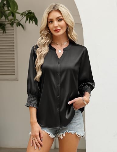 LOMON Womens Silk Satin Button Down V Neck Casual Blouses 3/4 Length Sleeve Tops Summer Basic Tank Shirt（Black，XXL — view 3