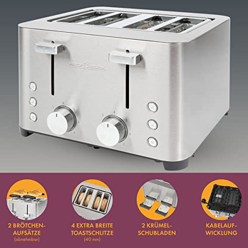 Foto von ProfiCook® Toaster | 4 Scheiben-Toaster | Edelstahlgehäuse | 1500 Watt | Wide Slot | Brötchenaufsatz (abnehmbar) | 7 einstellbare Bräunungsstufen | Krümelschublade | Kabelaufwicklung | PC-TA 1252
