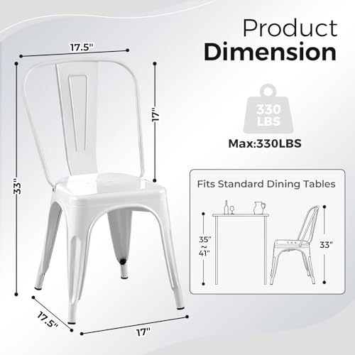 Image of Metal Dining Chairs with Backrest, Stackable, White, 8 Pack | Easy Assembly, Non-Slip Feet, 330 lb Capacity, Kitchen, Restaurant, Cafe, Pub, Covered Patio