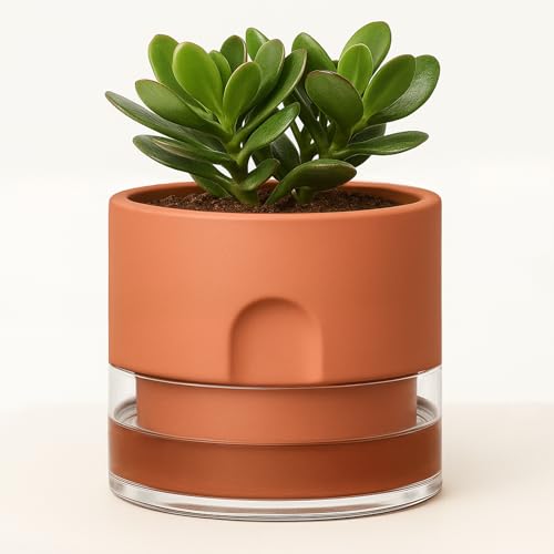 GUGUGO Self Watering Pot for Indoor Plants, 6 Inch Self-Watering Terracotta Plant Pots, Terracotta Planters with Clear Reservoir, Terra Cotta Flower Pots Planters, Large Modern Office Home Décor