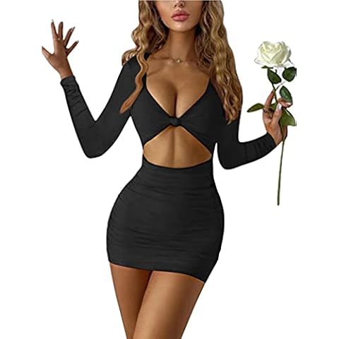XXTAXN Women's Fall Sexy Bodycon Ruched Long Sleeve Party Birthday Mini Dress, Black, Large Cover