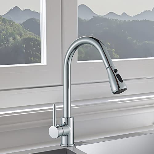 Mitigeur d'évier de cuisine avec douchette extractible - Robinet de cuisine chromé avec bec pivotant à 360° - 2 robinets mélangeurs fonctionnels pour eau chaude et froide - Robinet de cuisine amovible Cover