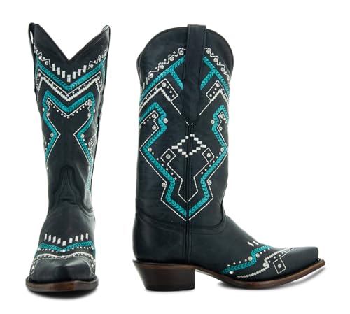 Soto Boots Women's Turquoise Embroidery Snip Toe Cowgirl Boots, Women's Embroidered Cowgirl Boots, Genuine Leather Handcrafted Fashion Cowboy Boots For Women M50063