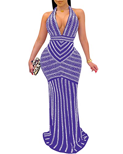 Image of PORRCEY Women's Sexy Rhinestone Mesh See Through Party Night Prom Dress