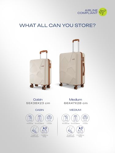 Image of Safari Pentagon Pro 8 Wheels Set of 2, (Cabin + Medium) Trolley Bag, Hard Case Polypropylene, 360º Wheeling Luggage, Suitcase for Travel, Trolley Bags for Travel, Luxury Beige