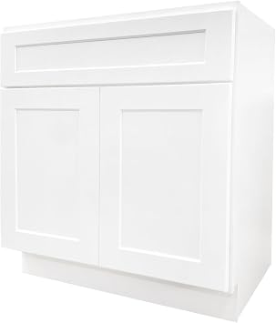Kitchen Sink Cabinet, Kitchen Base Cabinet, Solid Wood and MDF Door, Shaker Style, Paint Finished, Ready to Assemble, 1 Dummy Drawer, 2 Soft Close Doors White, 36" W X 34 1/2" H X 24" D