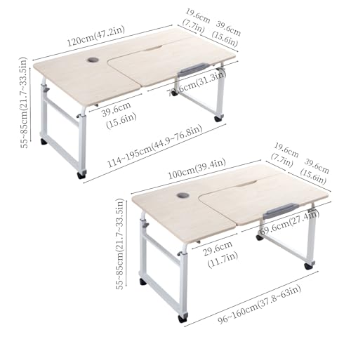 Table de lit réglable à roulettes - Bureau Mobile pour Ordinateur Portable, Plateau inclinable pour Une Utilisation Confortable au lit ou à l'hôpital