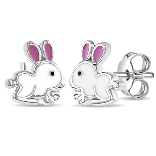 925 Sterling Silver Toddlers & Young Girls White Pink Enamel Stud Bunny Earrings For Animal Lover Kids- Fun & Stylish Earrings Gift For Children's Birthday