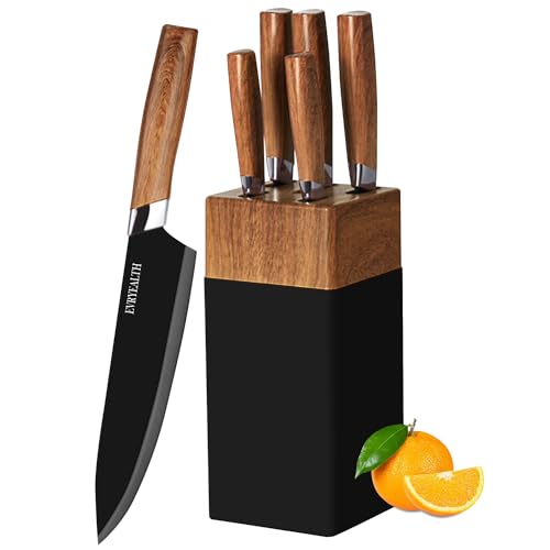 Küchenmesser Set – 5-teiliges Messerset mit Block, Holzmaserungsgriff, Edelstahlmesser mit Kochmesser, Brot,Allzweckmesser, Schälmesser zum Schneiden von Fleisch/Gemüse/Obst.…
