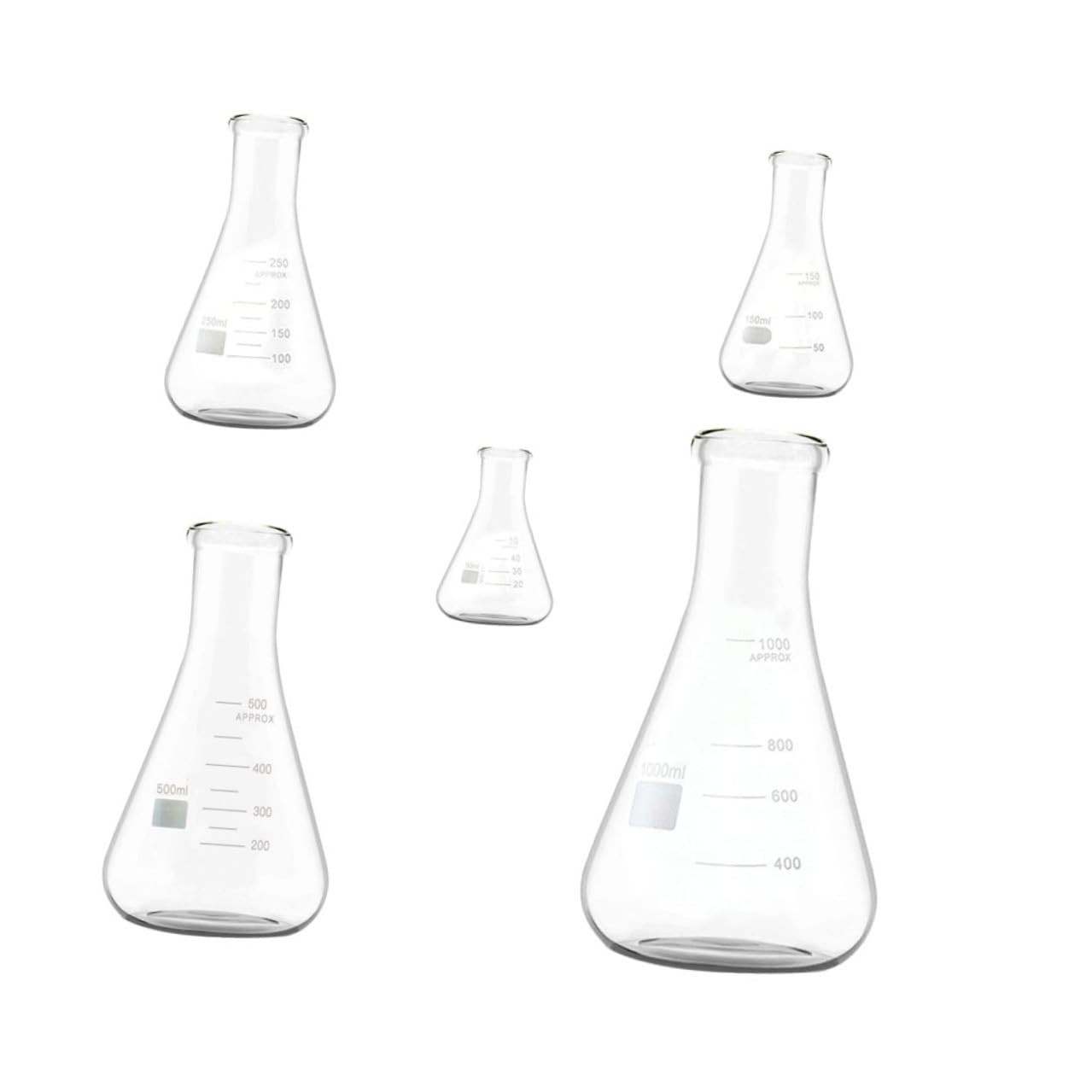 SHINEOFI Set di 5 Palloni Conici in Vetro Borosilicato Spesso, Piani e Resistenti per Uso in Laboratorio Chimico e Bollitura, per Esperimenti Scientifici
