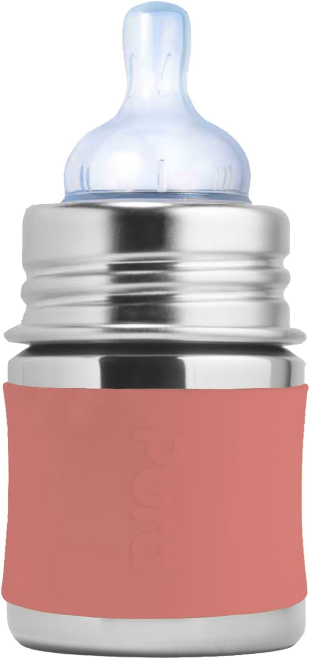 Pura Kiki 5oz/150ml Stainless Steel Anti-Colic Infant Bottle w/Silicone Natural Vent & Sleeve, 100% Plastic-Free, MadeSafe Certified, Medical-Grade Silicone - Rose Sleeve