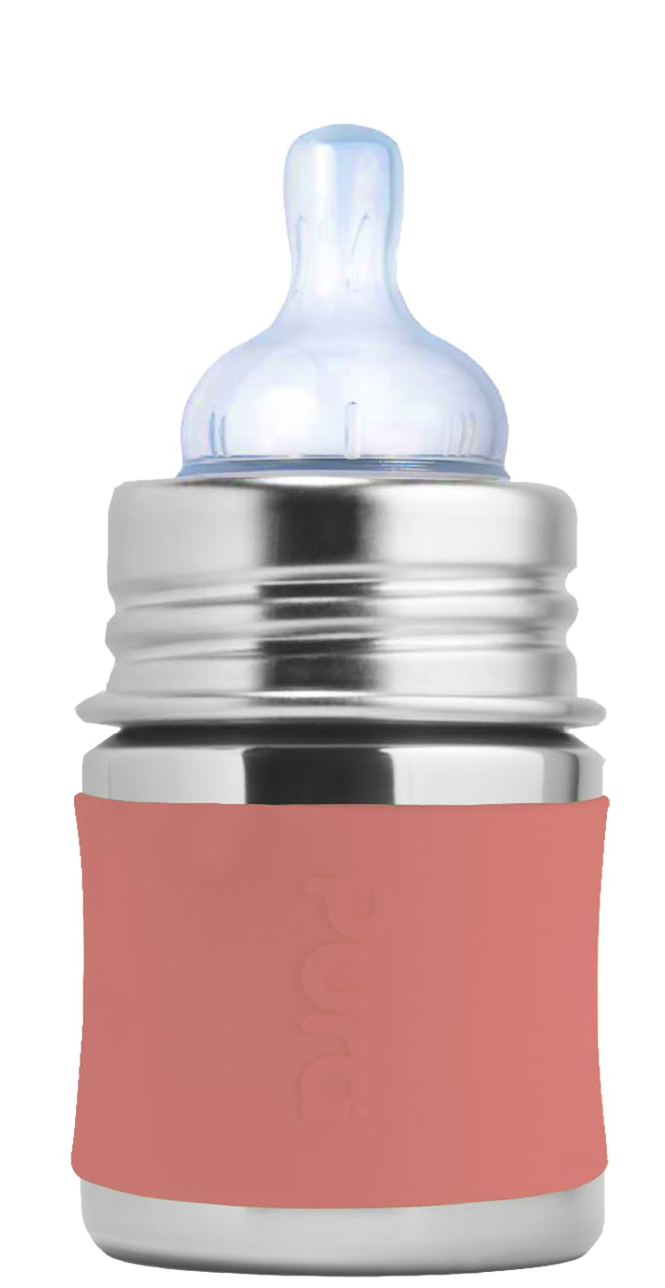 Pura Kiki 5oz/150ml Stainless Steel Anti-Colic Infant Bottle w/Silicone Natural Vent Nipple & Sleeve, 100% Plastic-Free, MadeSafe Certified, Medical-Grade Silicone – Rose Sleeve