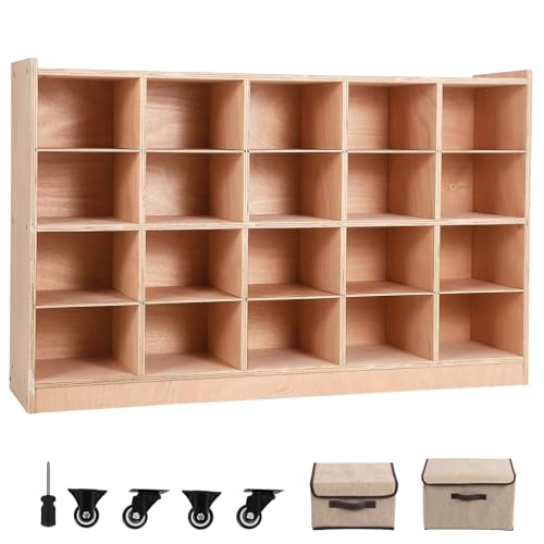 GarveeTech Mobile Storage Cabinet,Storage Block Cubby with 5 Anti-Flip Fittings, 4 Castors and 2 Boxes for Home, School, Kindergarten, Natural