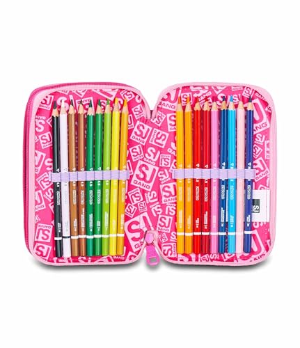 Sj Gang Style Jam Gang Astuccio Scuola 3 Zip, Fucsia, Portapenne Triplo Scomparto Completo Di Penne, Matite, Colori, Accessori Zaino, Scuola Elementare, Bambina - 5