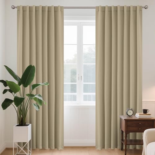 Image of Joydeco Curtains with Concealed Loops, Set of 2, H 240 x W 140 cm, Beige Blackout Opaque, Long Curtain, Noise Protection, Rod Pocket, Blackout Curtains, Bedroom, Living Room