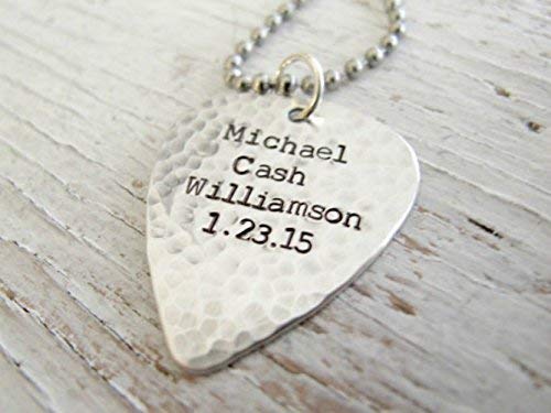 Personalized Guitar Pick Necklace, DOUBLE SIDED, Father's Gift, Hand Stamped, Sterling Silver, Where words fail music speaks
