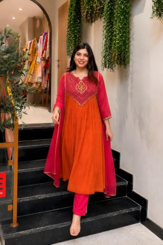 Image of ANNI DESIGNER Viscose Blend Kurta for Women | Kurta with Pant & Dupatta | A Line Embroidered Suit | Indian Ethnic Outfit Office Party Wedding Clothing Fashion Premium Traditional Style Look 3 Piece