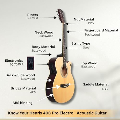 Image of Henrix 40CE 40 Inch Cutaway Linden Wood Electro-Acoustic Guitar With Dual Action Truss Rod, Gigbag, Picks, String Set, String Winder, Strap, Polishing Cloth & Ebook - Natural