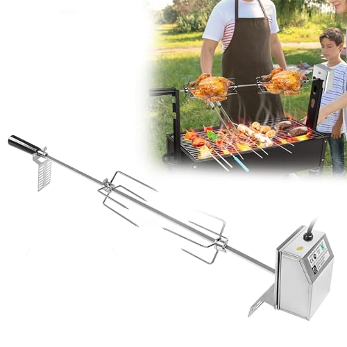 CEEDIR Drehspieß Grillspieß Motor Set Edelstahl für Gasgrill 220-240V Elektrischer Drehspieß Universal Einsetzbar 107cm Grillspieß mit 2er BBQ Fleischnadeln für BBQ Rotisserie Gasgrill Partys
