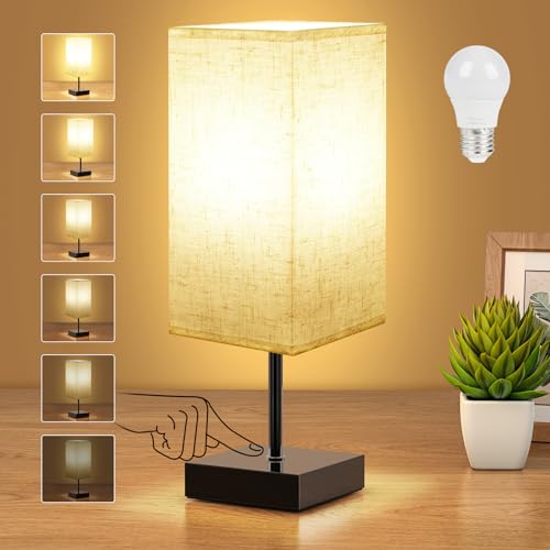 Suright Bedside Lamps, Touch Lamps Bedside with Brightness Memory Function, Stepless Dimmable Table Lamp with Linen Fabric Shade, Small Table Lamp for Bedroom Living Room (Bulb Included)