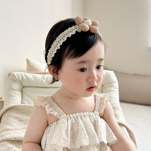 Baby Girls Hairbands Lace Flowers Headband Handmade Soft Stretchy Colorful Flower Hairband Newborn Headbands with Pearls Elastic Hairbands for Infant Head Band (Brown Flowers)4