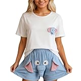 BIBOKAOKE Lustige Schlafanzug Set Mit Elefantenrüssel Für Paare 2-Teiliger Pyjama Kurzarm Oberteile Und Pyjamahose Mit Elefanten-Motiv Unisex Elefanten Homewear Nachtwäsche
