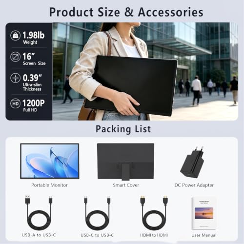 Image of 16 Inch Portable Monitor for Laptop, FHD 1200P IPS Portable Laptop Monitor with HDMI Type-C, Eye Care Ultra Slim,Travel Monitor for Laptop Phone PS4 /5 Xbox Switch