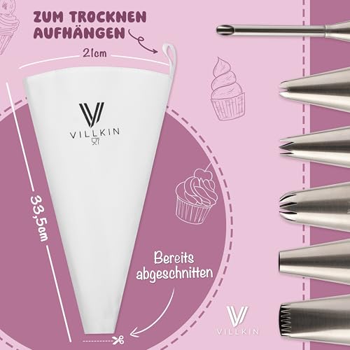 Foto von Villkin Spritzbeutel-Set 9-teilig mit 6 verschiedenen Edelstahl Spritztüllen und 34cm Spritztüte - wiederverwendbar und spülmaschinenfest - Für Dekorationen auf Torten, Kuchen und Keksen