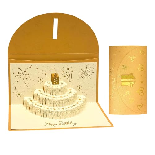 3D Pop Up Karte Geburtstag, Lustige Geburtstagskarte mit Goldenes Kuchenmuster, Popup Karte Geburtstag Es bietet Platz für 1 bis 20 Geldscheine, Geburtstagskarte für Frau Mann Eltern und Ältere