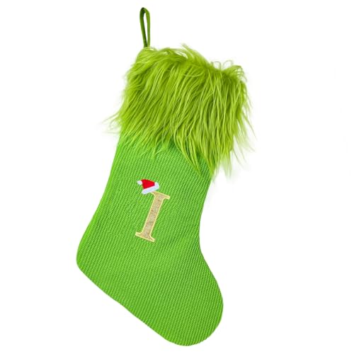MOJDIOSM Green Christmas Stockings with Initials, 18” Knit Monogram Christmas Stockings with Golden Letter, Large Personalized Christmas Stocking for Christmas Tree Fireplace Home Decor